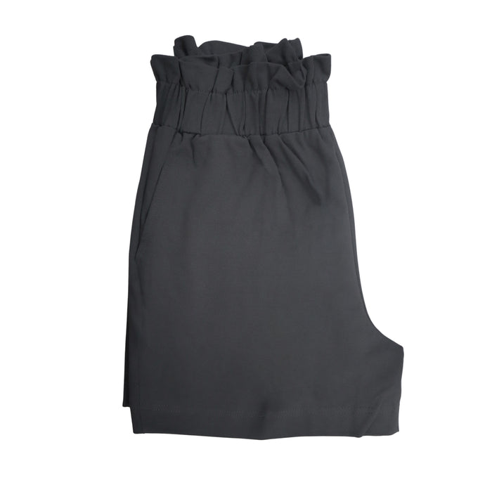 Landmark Girls Teens High Waist Paper Bag Shorts Full Gartered Brush Twill Plain with Pockets - Gray