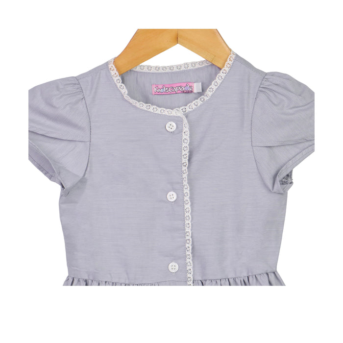 Kidscapade P. Cabbage Sleeves Stripes Dress with Lace - Gray