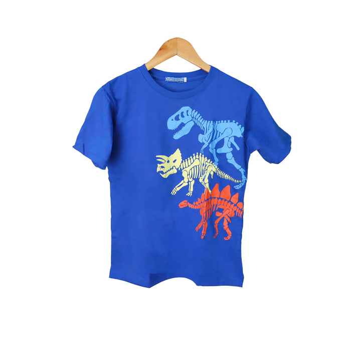 Kidscapade B Short Sleeves T-Shirt with 3 Skeleton Dinosaur Print - Bubble Blue