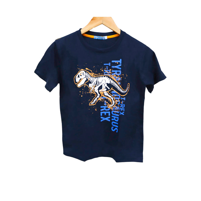 Kidscapade B Short Sleeves T-Shirt with Skeletal T-Rex Print - Navy Blue