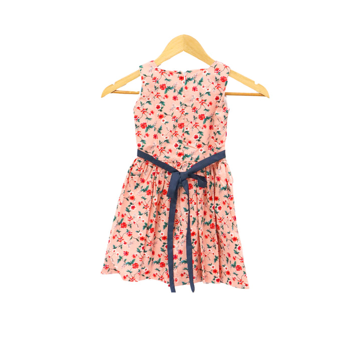 JKC Square Neck Sleeveless Dress with Floral Print and Ribbon - Peach