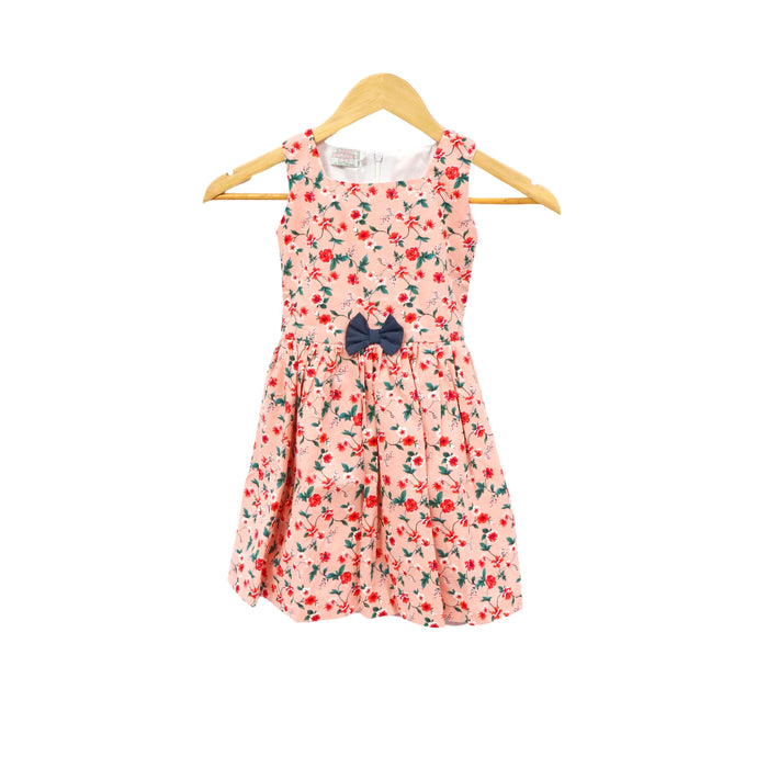 JKC Square Neck Sleeveless Dress with Floral Print and Ribbon - Peach