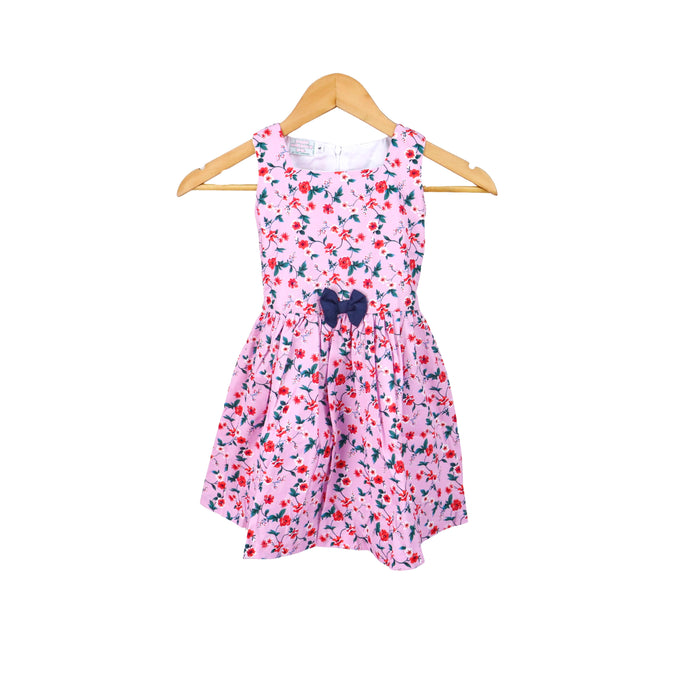 JKC Square Neck Sleeveless Dress with Floral Print and Ribbon - Pink