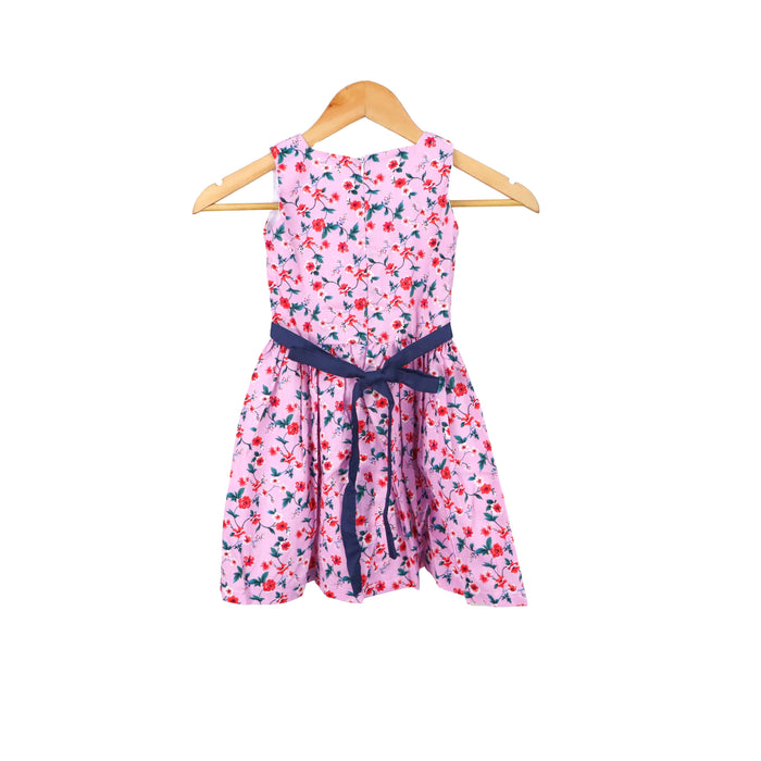 JKC Square Neck Sleeveless Dress with Floral Print and Ribbon - Pink