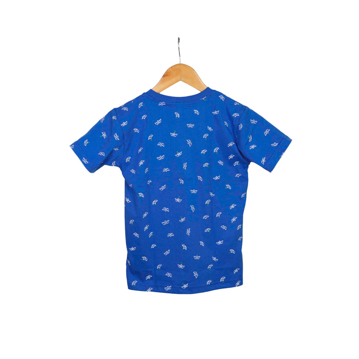 JKC Short Sleeves T-shirt with Boat Full Print and Stripes Chest Pocket - Blue