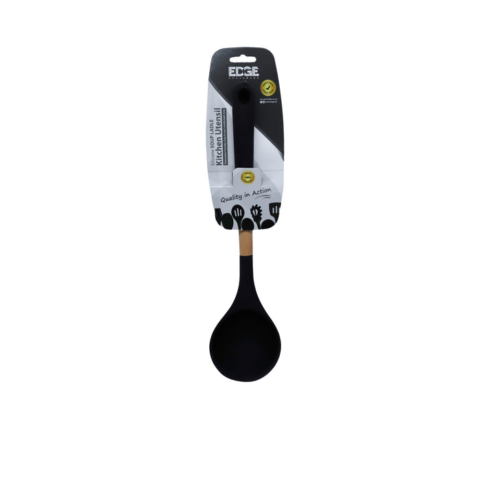 Edge Black Silicone Slotted Wood Soup Ladle with Silicone Handle