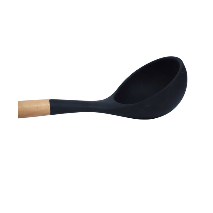 Edge Black Silicone Slotted Wood Soup Ladle with Silicone Handle