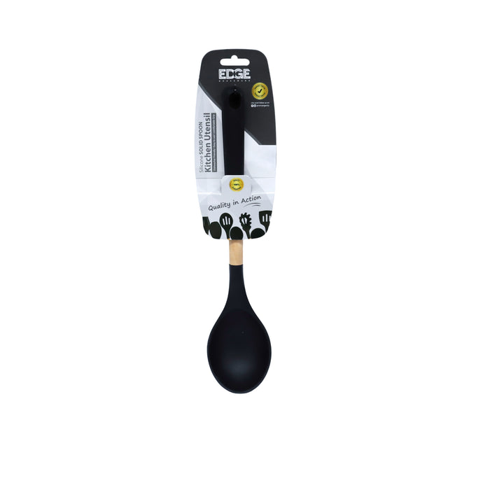 Edge Black Silicone Slotted Wood Solid Spoon with Silicone Handle