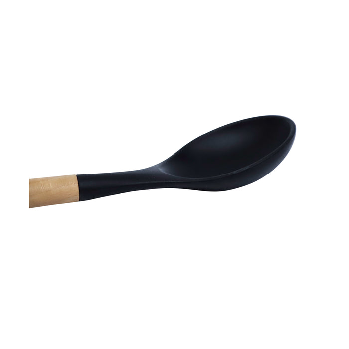 Edge Black Silicone Slotted Wood Solid Spoon with Silicone Handle