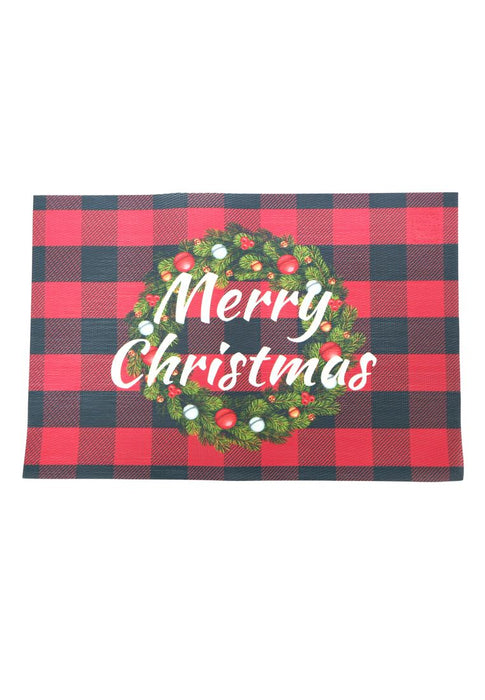 Landmark Checkered Wreath Christmas Placemat with "Merry Christmas" Design - Red
