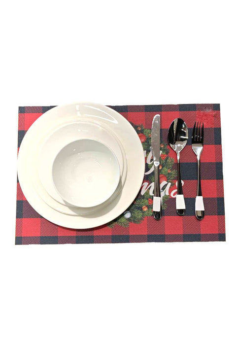 Landmark Checkered Wreath Christmas Placemat with "Merry Christmas" Design - Red