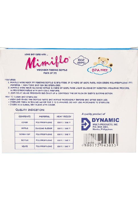 Mimiflo 3 piece Wide-neck PP Feeding Bottle 6oz