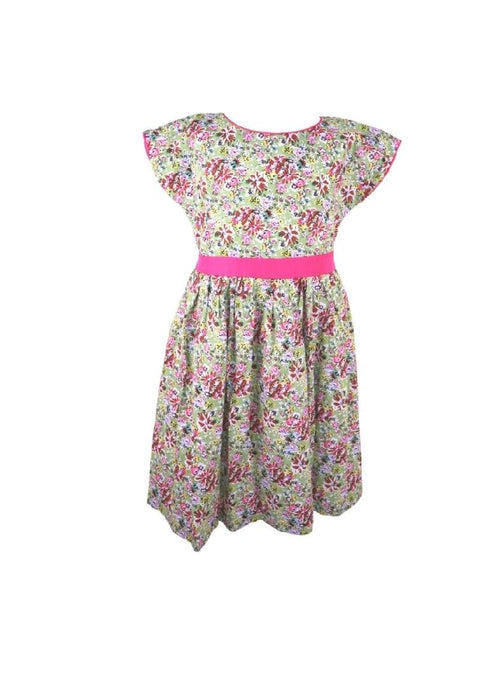 Dress Continuous Short Sleeves With Band Shiring And Lining Floral Printed - Green/Pink