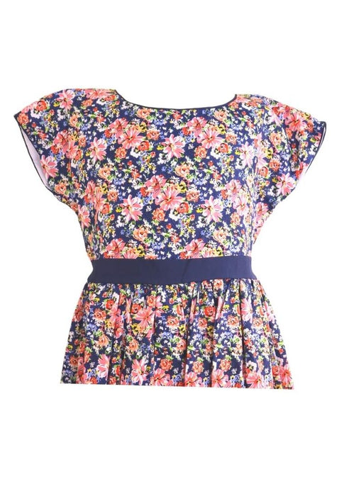Dress Continuous Short Sleeves With Band Shiring And Lining Floral Printed - Navy Blue/Pink