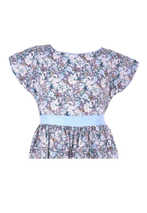 Dress Continuous Short Sleeves With Band Shiring And Lining Floral Printed - White/Blue