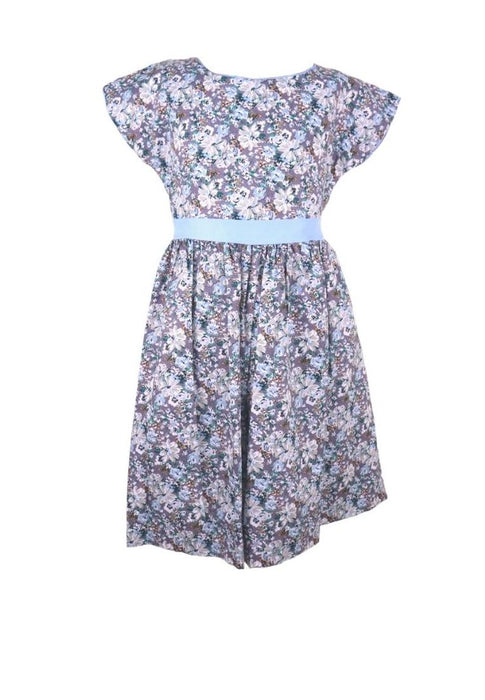 Dress Continuous Short Sleeves With Band Shiring And Lining Floral Printed - White/Blue