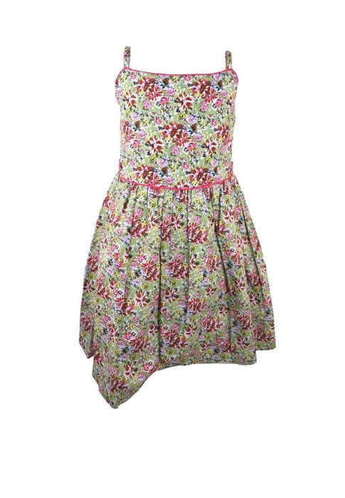 Dress Adjustable Strap Sipit Piping Shirring And Lining Floral Printed - Green/Pink