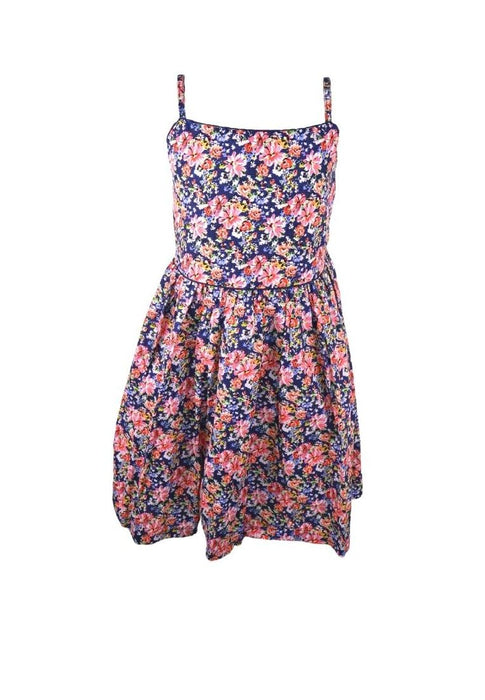 Dress Adjustable Strap Sipit Piping Shirring And Lining Floral Printed - Navy Blue/Pink