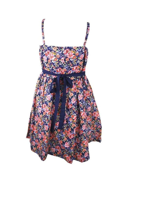 Dress Adjustable Strap Sipit Piping Shirring And Lining Floral Printed - Navy Blue/Pink