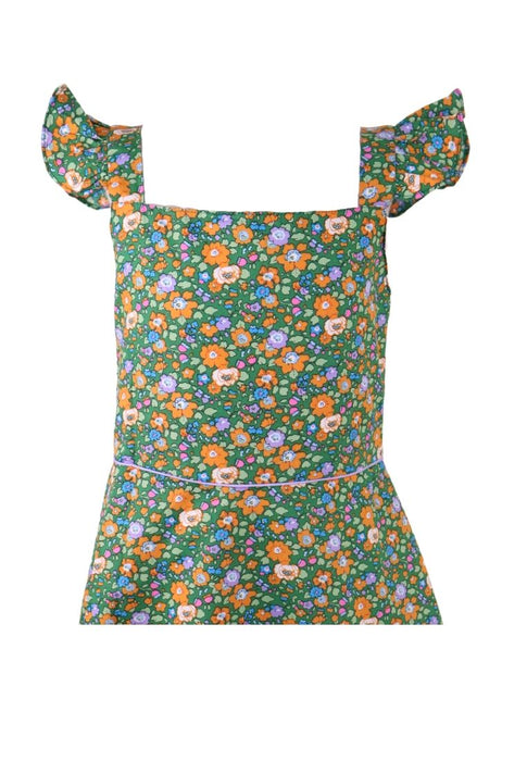 Dress Square Neck Flat Strap With Ruffles Bias Skirt With Ipit Piping On Waist Floral Printed With Lining Piping - Green