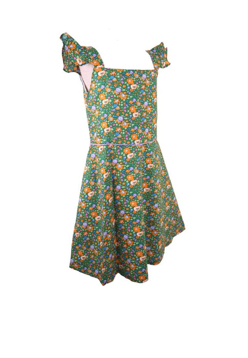 Dress Square Neck Flat Strap With Ruffles Bias Skirt With Ipit Piping On Waist Floral Printed With Lining Piping - Green