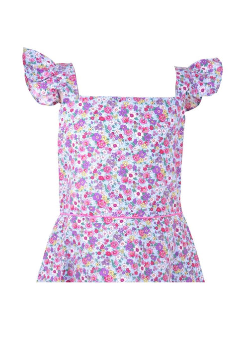 Dress Square Neck Flat Strap With Ruffles Bias Skirt With Ipit Piping On Waist Floral Printed With Lining Piping