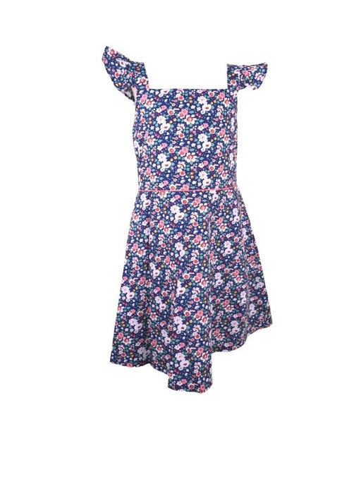 Dress Square Neck Flat Strap With Ruffles Bias Skirt With Ipit Piping On Waist Floral Printed With Lining Piping - Navy Blue
