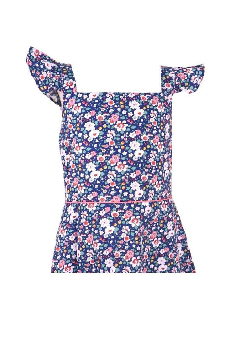 Dress Square Neck Flat Strap With Ruffles Bias Skirt With Ipit Piping On Waist Floral Printed With Lining Piping - Navy Blue