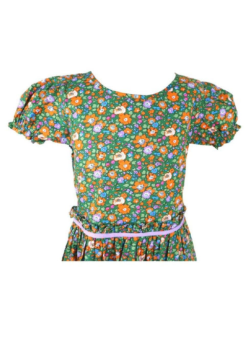 Dress Round Neck Puff Short Sleeves With Gartered Armhole Shirring Skirt Floral Printed Without Lining Plain - Green