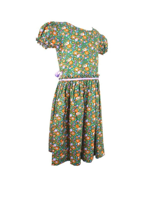 Dress Round Neck Puff Short Sleeves With Gartered Armhole Shirring Skirt Floral Printed Without Lining Plain - Green