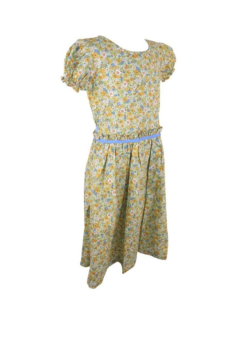 Dress Round Neck Puff Short Sleeves With Gartered Armhole Shirring Skirt Floral Printed Without Lining Plain - Light Green