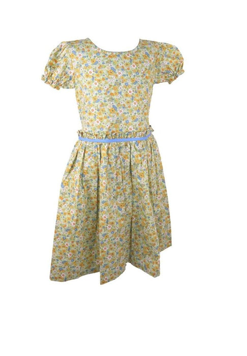 Dress Round Neck Puff Short Sleeves With Gartered Armhole Shirring Skirt Floral Printed Without Lining Plain - Light Green