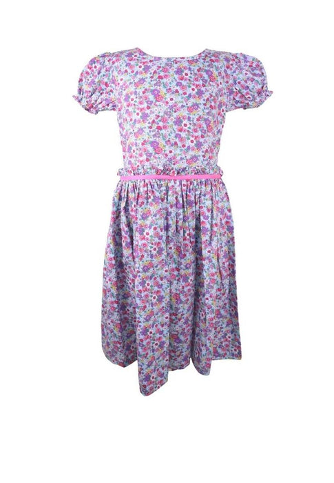 Dress Round Neck Puff Short Sleeves With Gartered Armhole Shirring Skirt Floral Printed Without Lining Plain