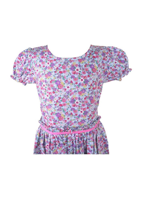 Dress Round Neck Puff Short Sleeves With Gartered Armhole Shirring Skirt Floral Printed Without Lining Plain