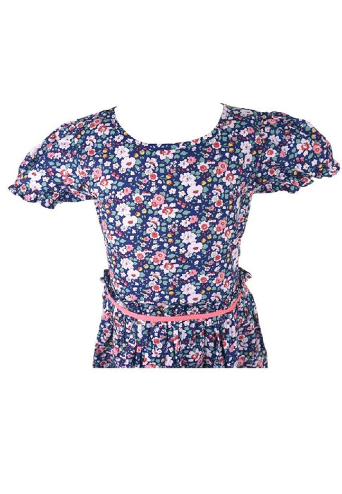 Dress Round Neck Puff Short Sleeves With Gartered Armhole Shirring Skirt Floral Printed Without Lining Plain - Navy Blue/Pink
