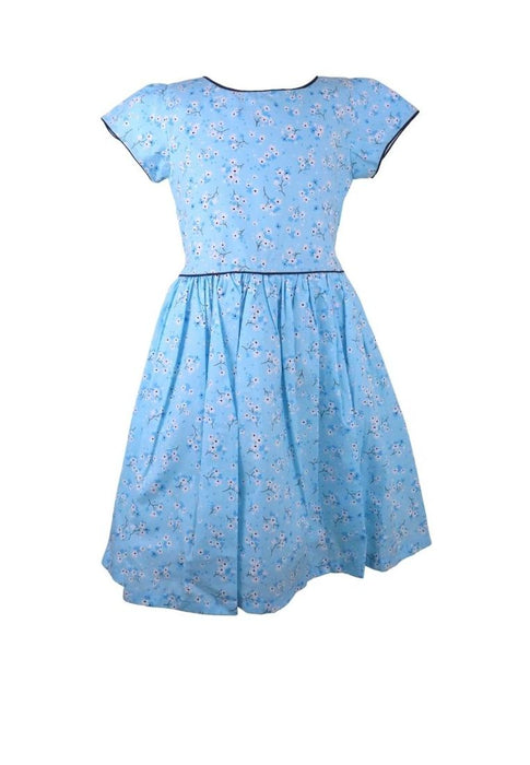 Dress Cabbage Short Sleeves Round Neck Floral Printed With Piping Shirring And Lining - Blue