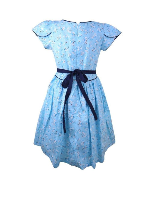 Dress Cabbage Short Sleeves Round Neck Floral Printed With Piping Shirring And Lining - Blue