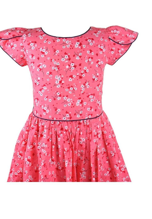 Dress Cabbage Short Sleeves Round Neck Floral Printed With Piping Shirring And Lining - Peach