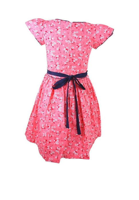 Dress Cabbage Short Sleeves Round Neck Floral Printed With Piping Shirring And Lining - Peach