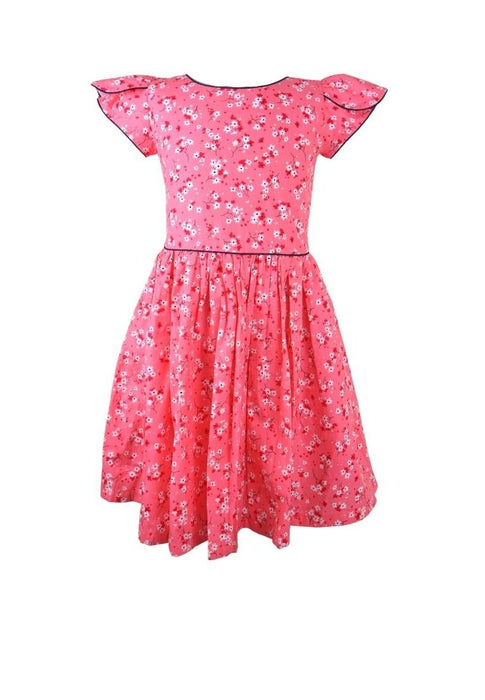 Dress Cabbage Short Sleeves Round Neck Floral Printed With Piping Shirring And Lining - Peach