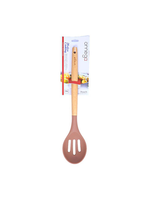 Omega Silicone Peach Slotted Spoon with Beechwood Handle