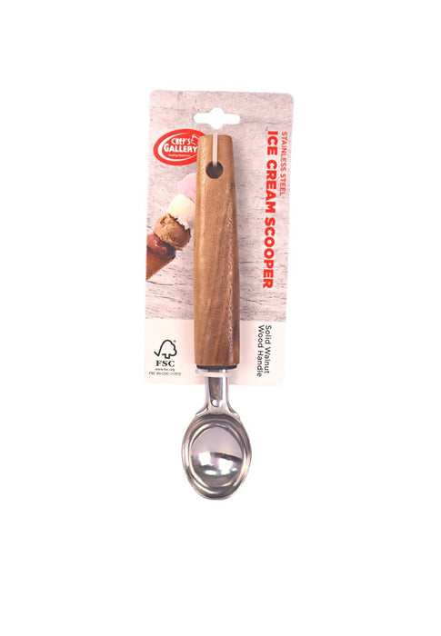 Chef's Gallery Stainless Ice Cream Scooper with Solid Walnut Wooden Handle