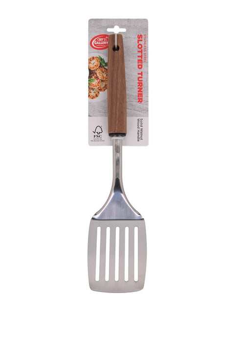 Chef's Gallery Stainless Slotted Turner with Solid Walnut Wooden Handle