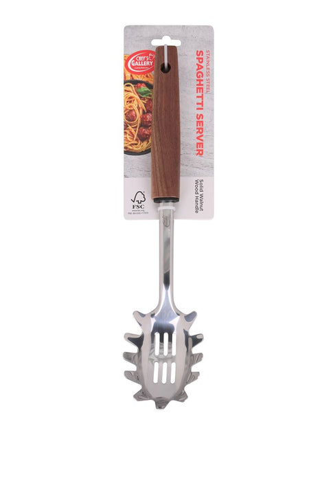 Chef's Gallery Stainless Spaghetti Server with Solid Walnut Wooden Handle