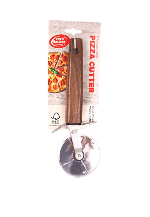Chef's Gallery Stainless Pizza Cutter with Solid Walnut Wooden Handle