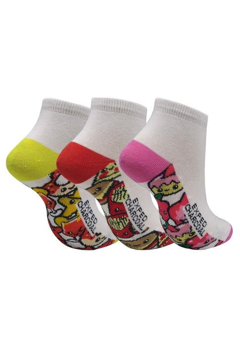 Darlington Children 3 Pairs Casual Socks Design on Sole Food Doodle - Blazing Yellow/Chinese Red/Aurora Pink (8-11)