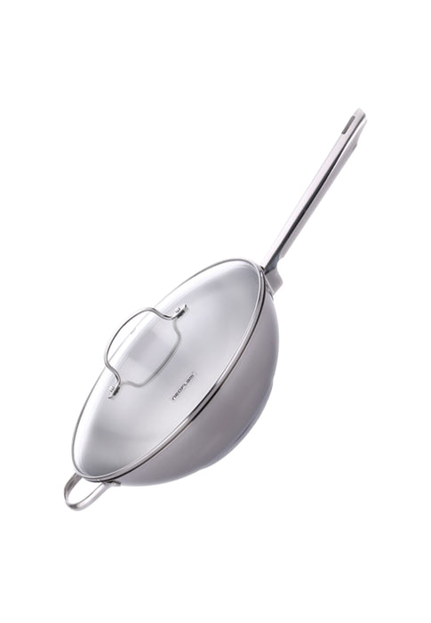 Stainless Steel Wok Pan with Glass Lid & Side Handle