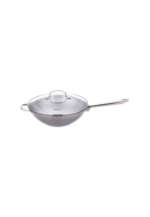 Stainless Steel Wok Pan with Glass Lid & Side Handle