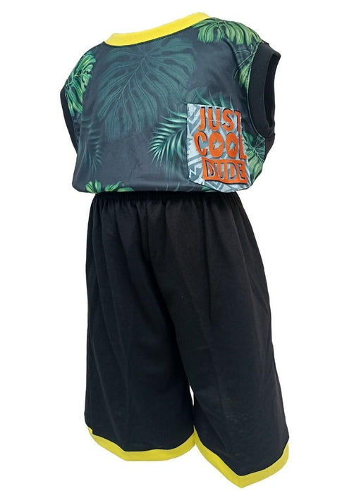 Landmark Muscle Set Cool Dude with Leaves Patch Pocket Print and Plain Shorts Black/Yellow