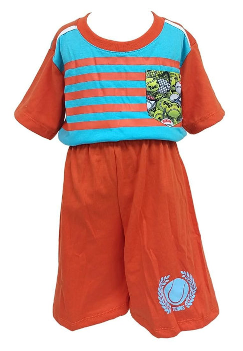 Landmark Short Set Orange/Aqua with Tennis-Print Pocket Tshirt